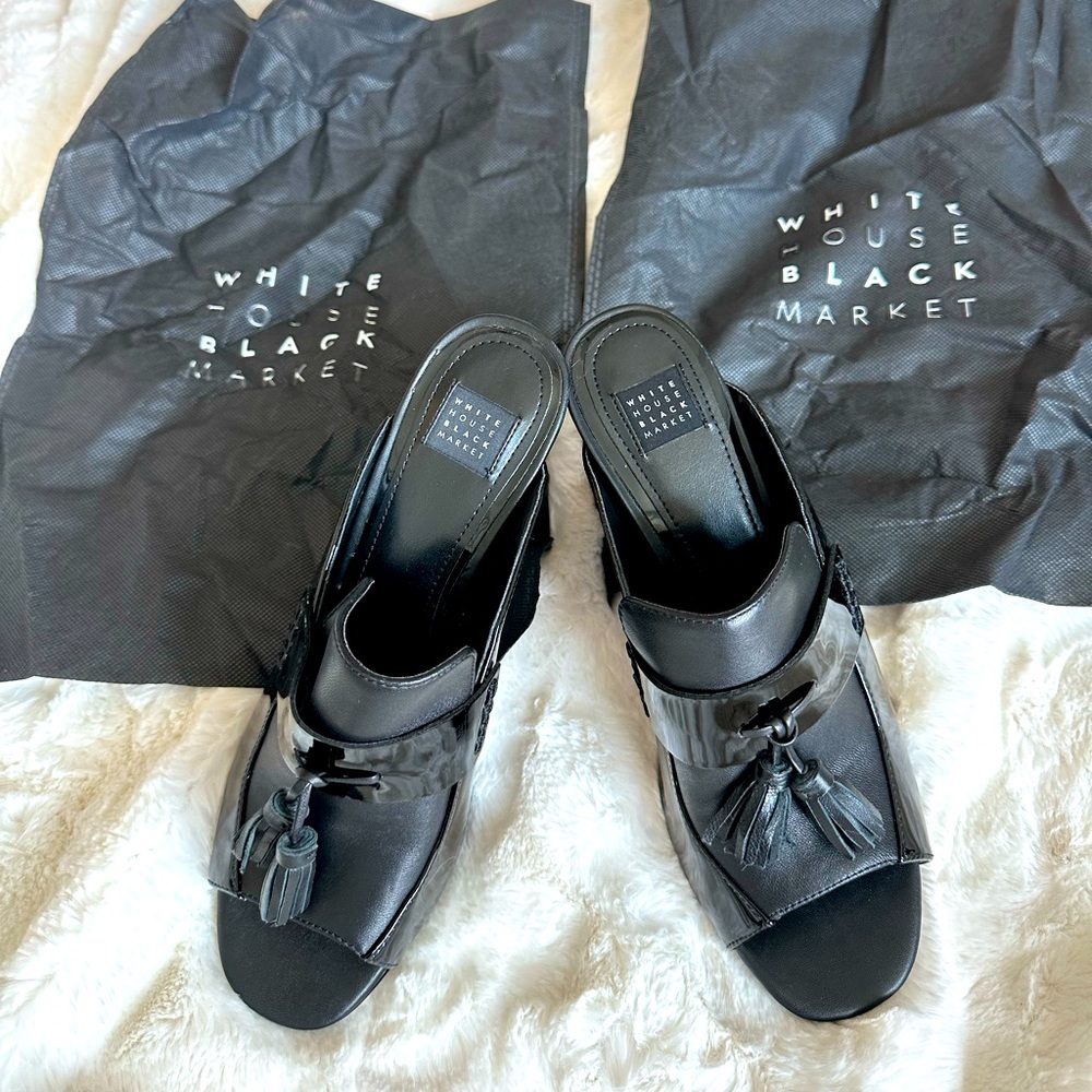 White House Black Market Black Patent Leather Tassel Mule Sz 8 *Never Worn*